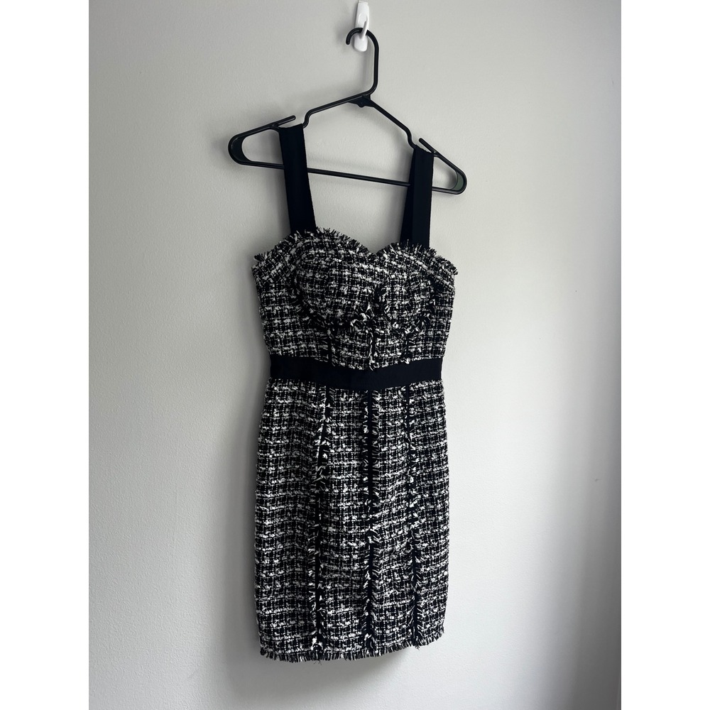 Guess Black White Tweed Boucle Mini Dress Sweetheart Bustier Frayed Trim‎ Size 1